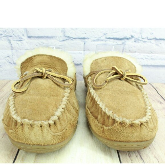 LL Bean Brown Suede Wicked Good Shearling Lined Moccasin Slippers Size 10 M - Picture 4 of 9